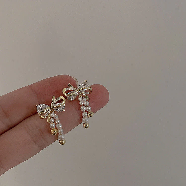 Zircon Pearl Bow Tassel Earrings