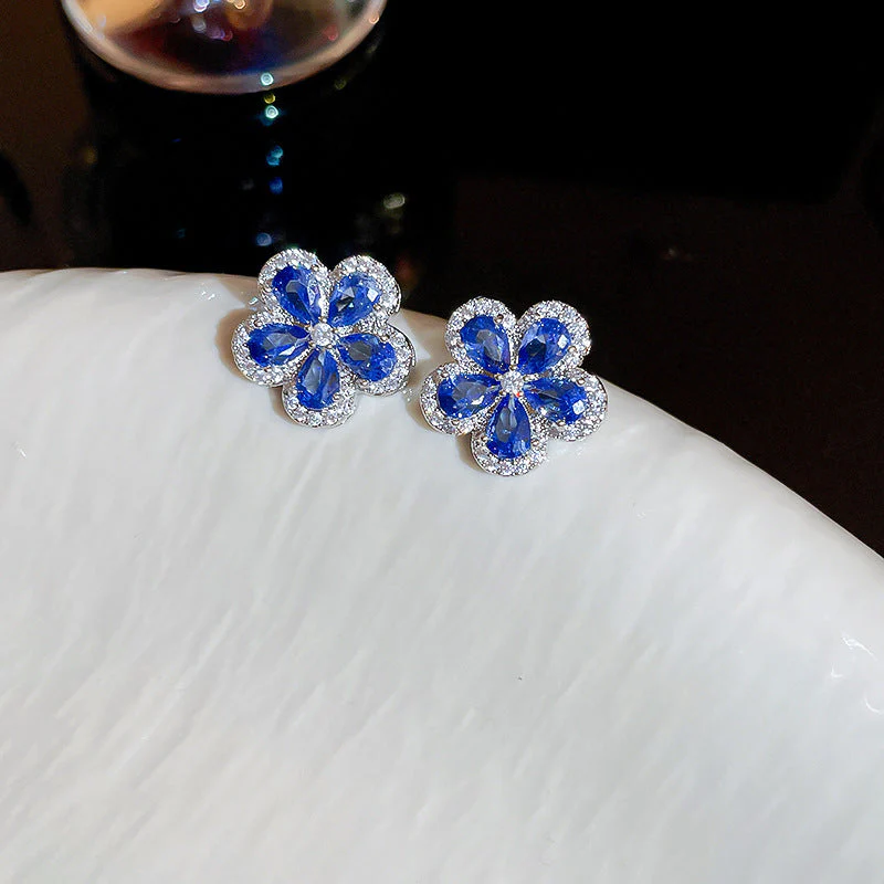 Silver needle micro-inlaid zircon blue flower earring necklace set