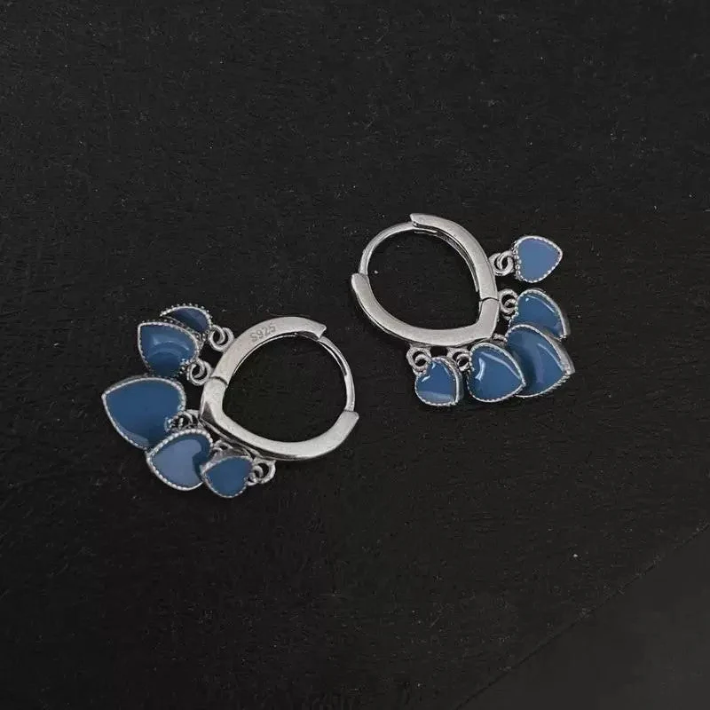 S925 sterling silver blue nectarine heart tassel earrings