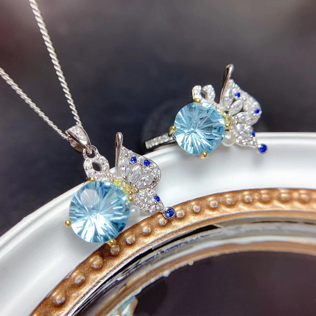 Sky Blue Topaz Fireworks Cut Ring Necklace Butterfly Set