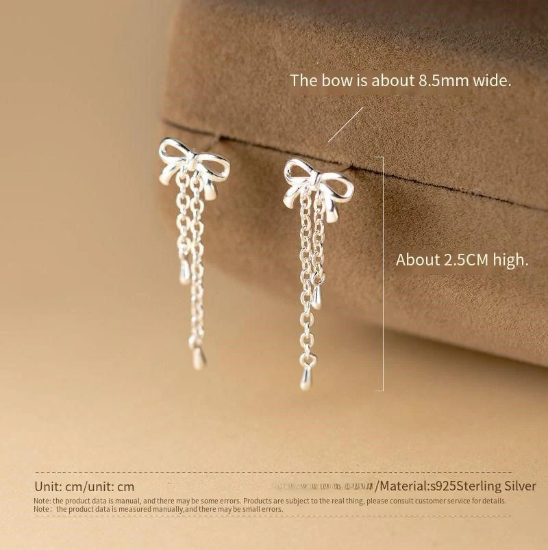 S925 sterling silver bow tassel earrings