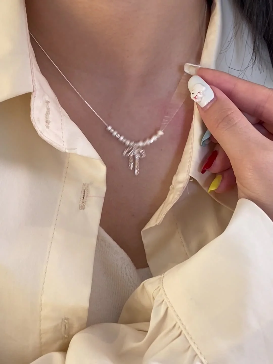 Bow openwork lace thick silver beaded pendant necklace  earrings set