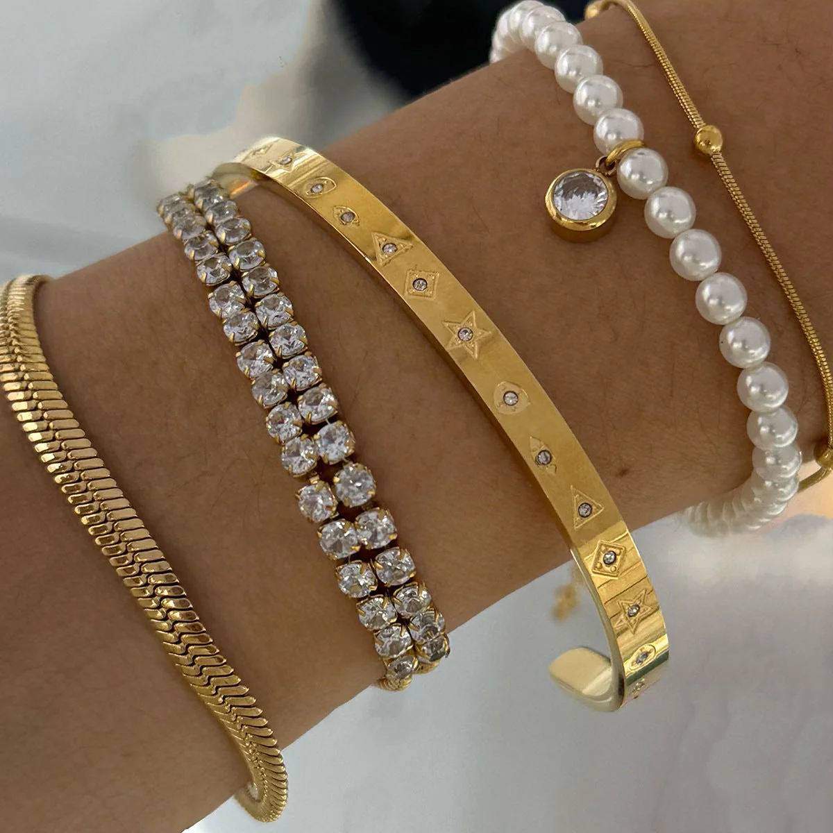 Pearl zircon stainless steel bracelet