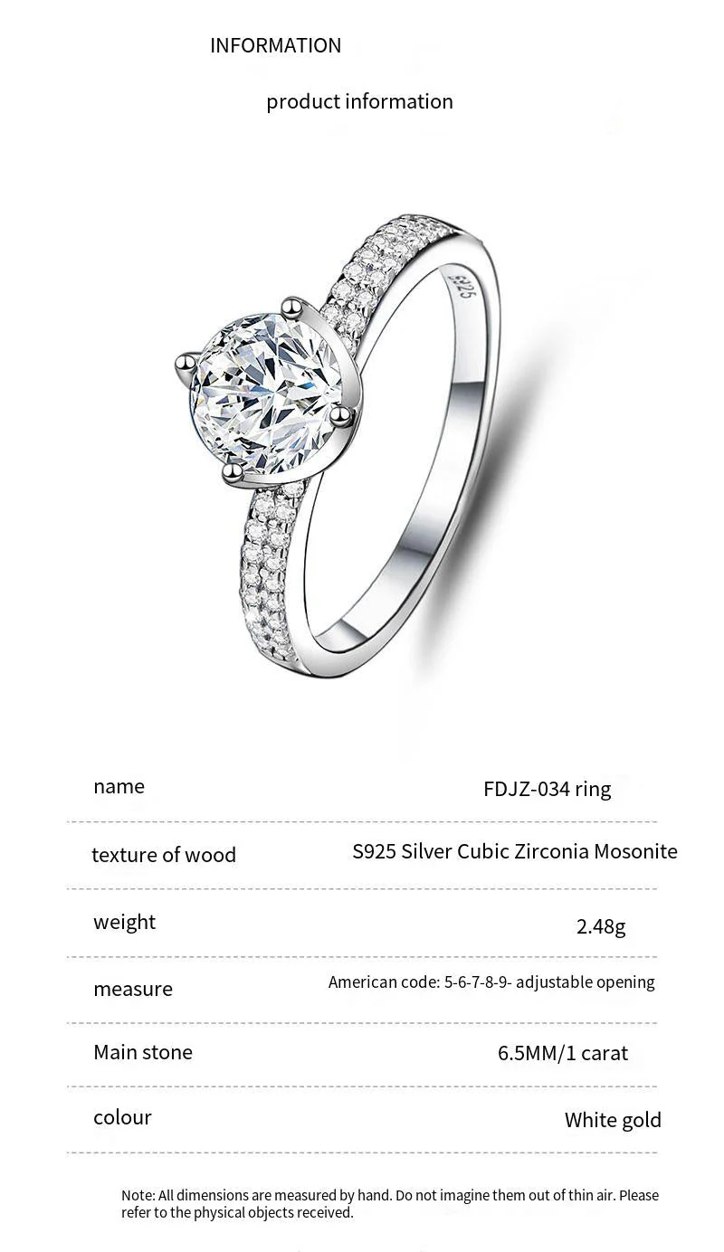 S925 sterling silver one carat moissanite ring