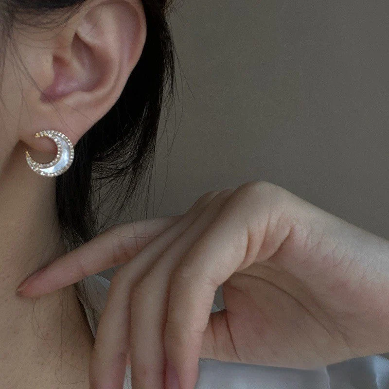 Deep Sea Natural White Mother Shell s925 Sterling Silver Moon Necklace Earring Set