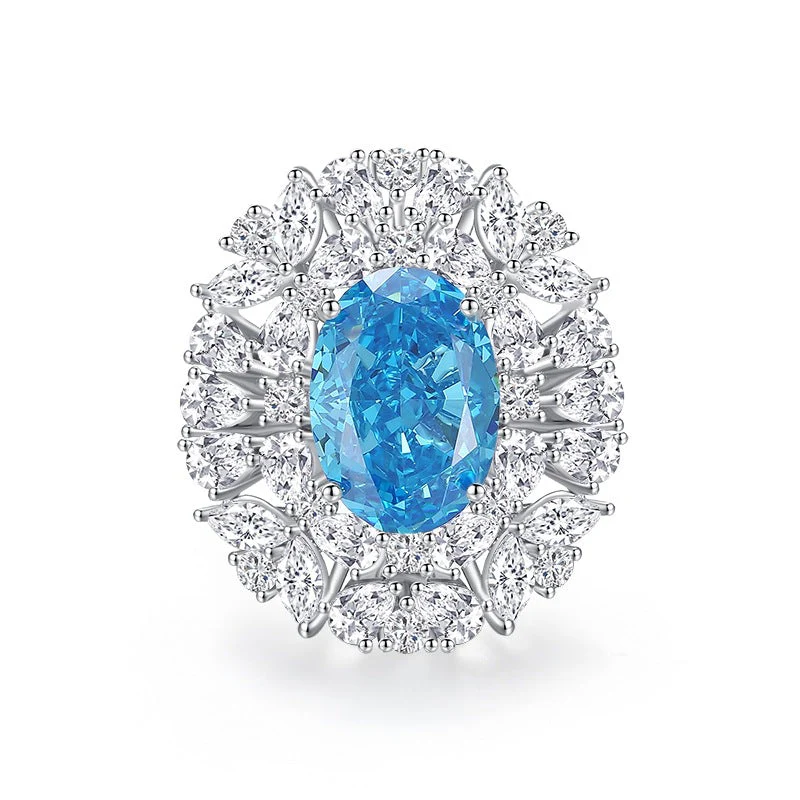 S925 Silver High Carbon Diamond Aquamarine 8A Zircon Reddean gem ring