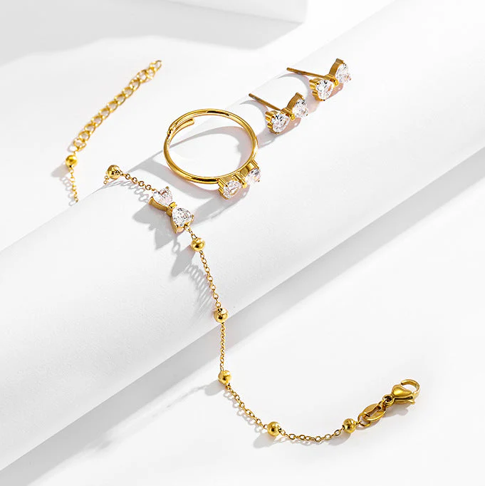 Stainless steel bow zircon bracelet earrings ring set of three