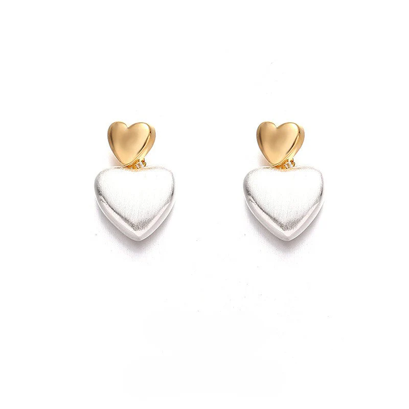 Double love gold wire drawing heart-shaped ball earrings