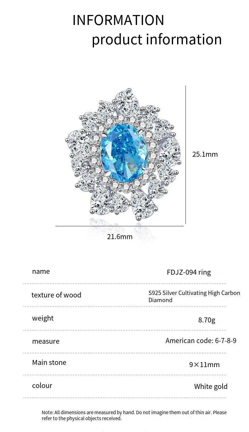 S925 Silver High Carbon Diamond Aquamarine 8A Zircon Reddean gem ring