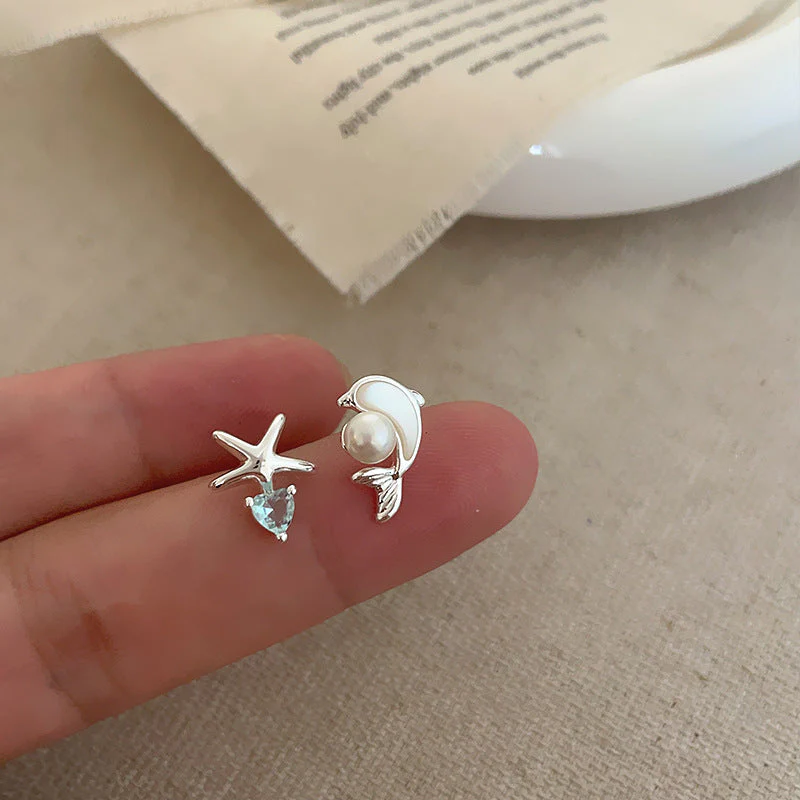 Asymmetric Fritillaria Dolphin Zircon Starfish Earrings