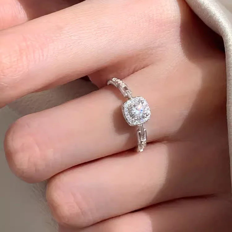 S925 Sterling Silver Zircon Square Diamond Chain Ring