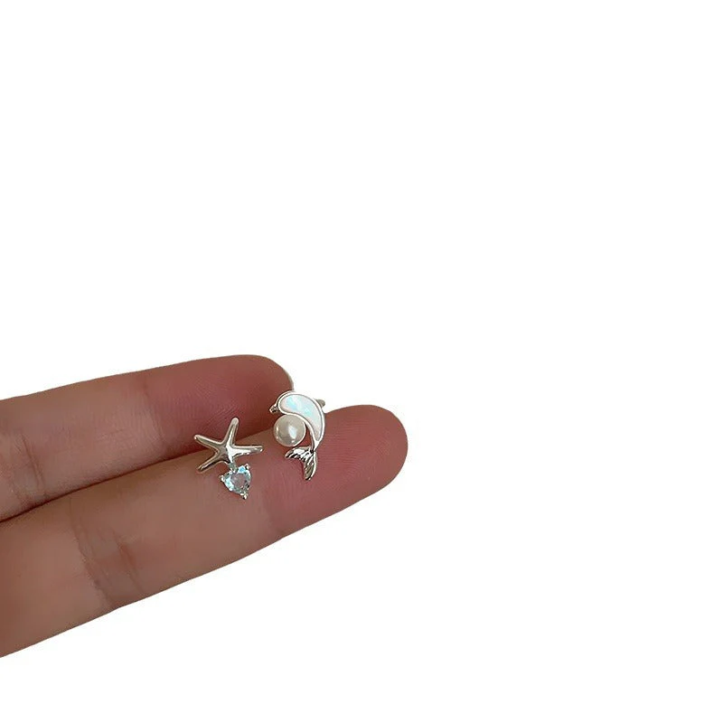 Asymmetric Fritillaria Dolphin Zircon Starfish Earrings