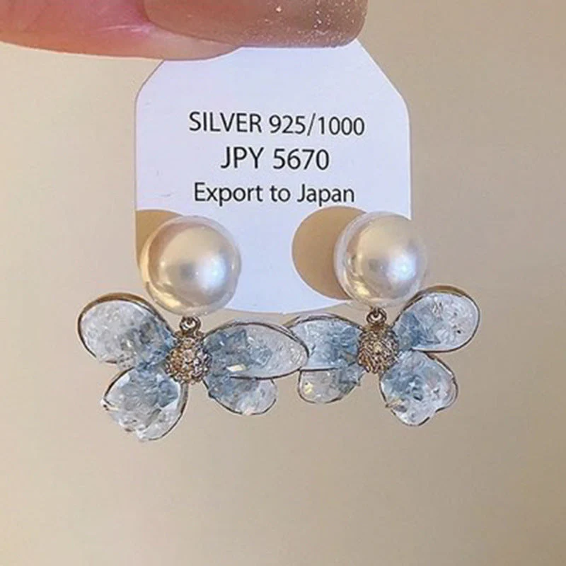 Silver needle gradient blue butterfly flower earrings