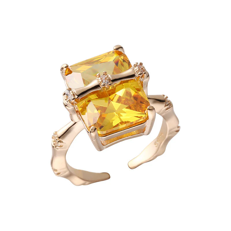 925 sterling silver square citrine bamboo zircon ring