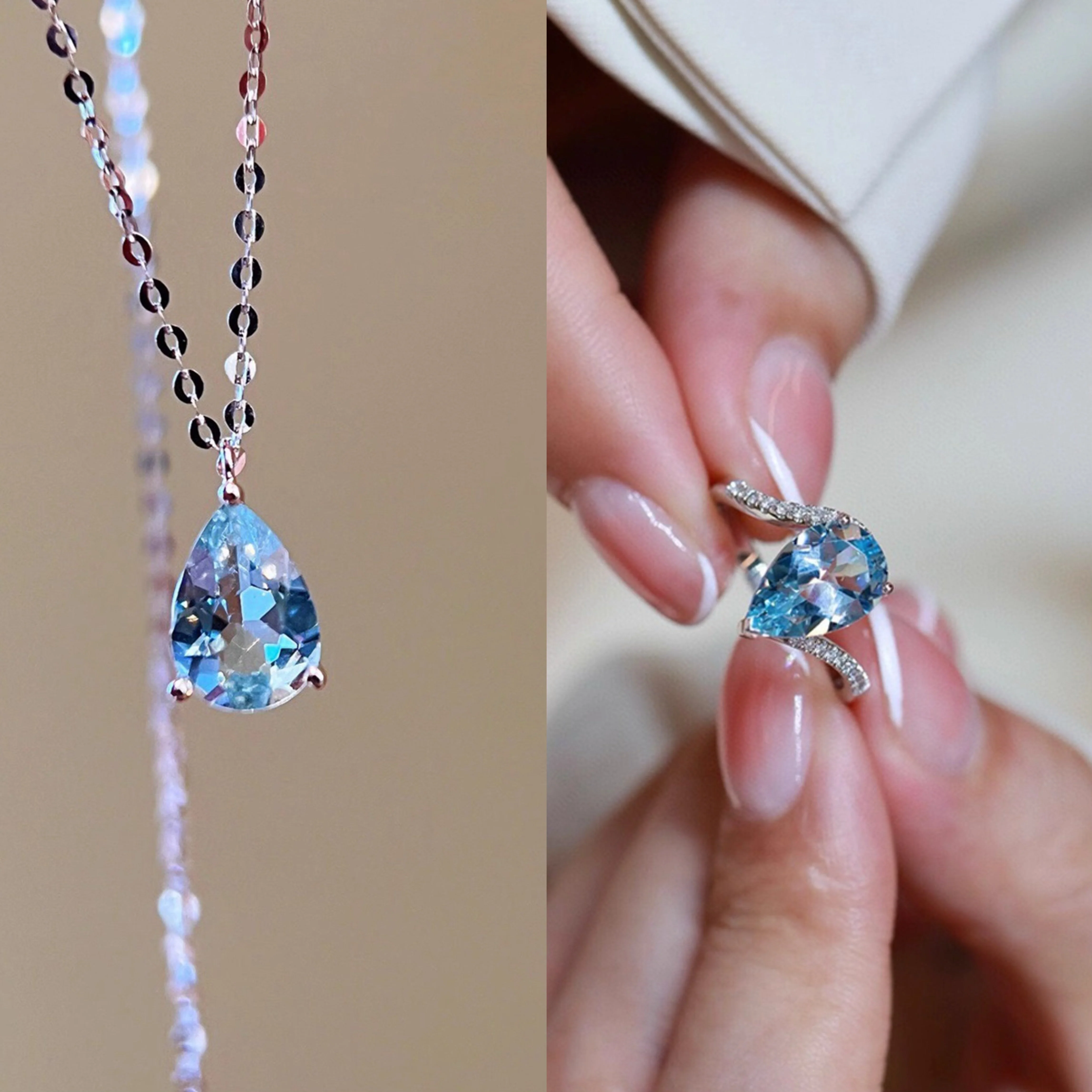 S925 sterling silver sky blue drop necklace ring set