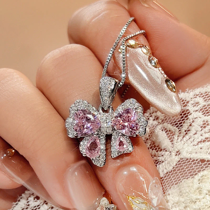 Pink diamond zircon bow earrings ring necklace set