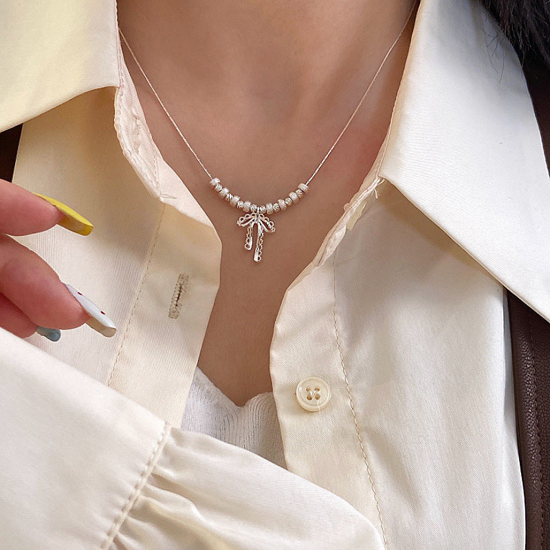 Bow openwork lace thick silver beaded pendant necklace  earrings set