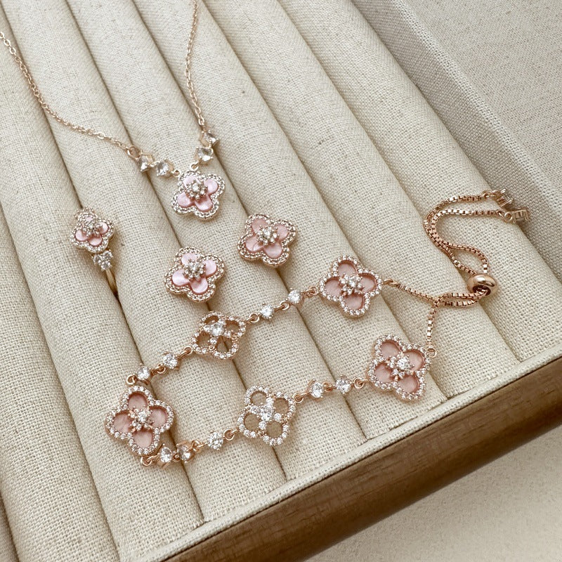 Pink clover flowers with zircon rose gold earrings necklace bracelet ring set