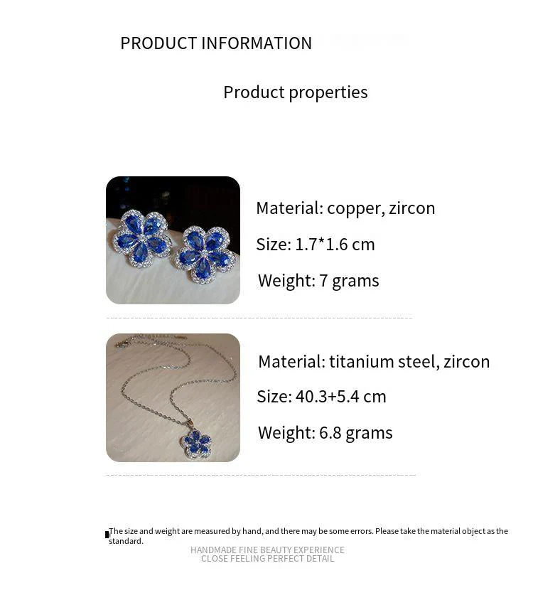 Silver needle micro-inlaid zircon blue flower earring necklace set