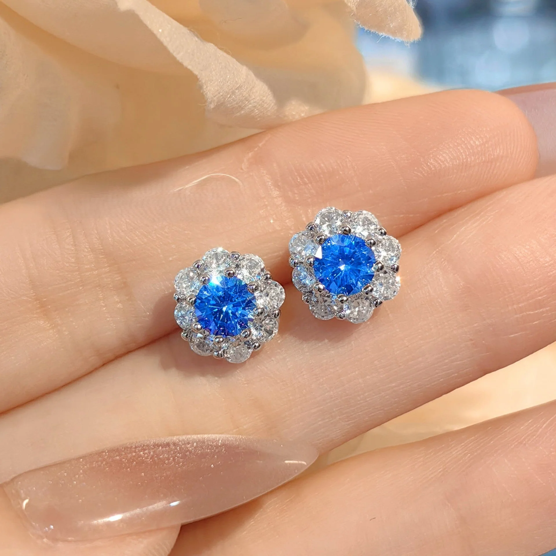 Flower high carbon blue diamond necklace ring earrings set