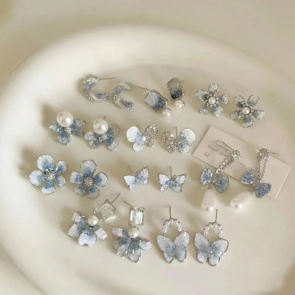 Silver needle gradient blue butterfly flower earrings