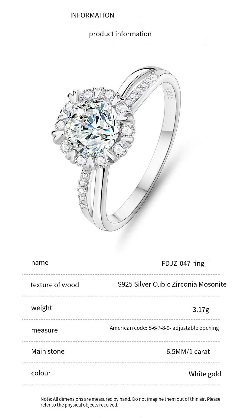 S925 sterling silver one carat moissanite ring