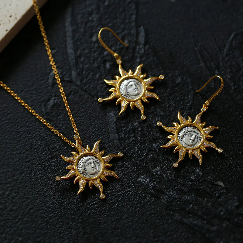 Apollo Silver Coin Necklace Earrings Jewelry Set
