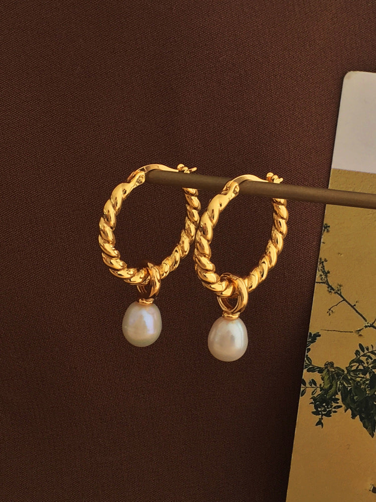 Copper Plated Real Gold Elegant Twist Pearl Earrings