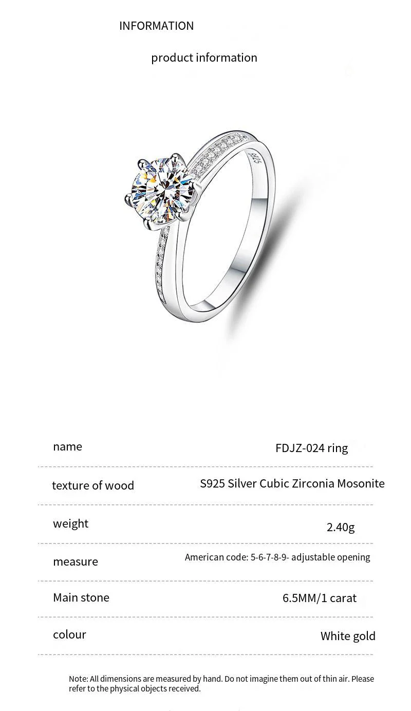 S925 sterling silver one carat moissanite ring