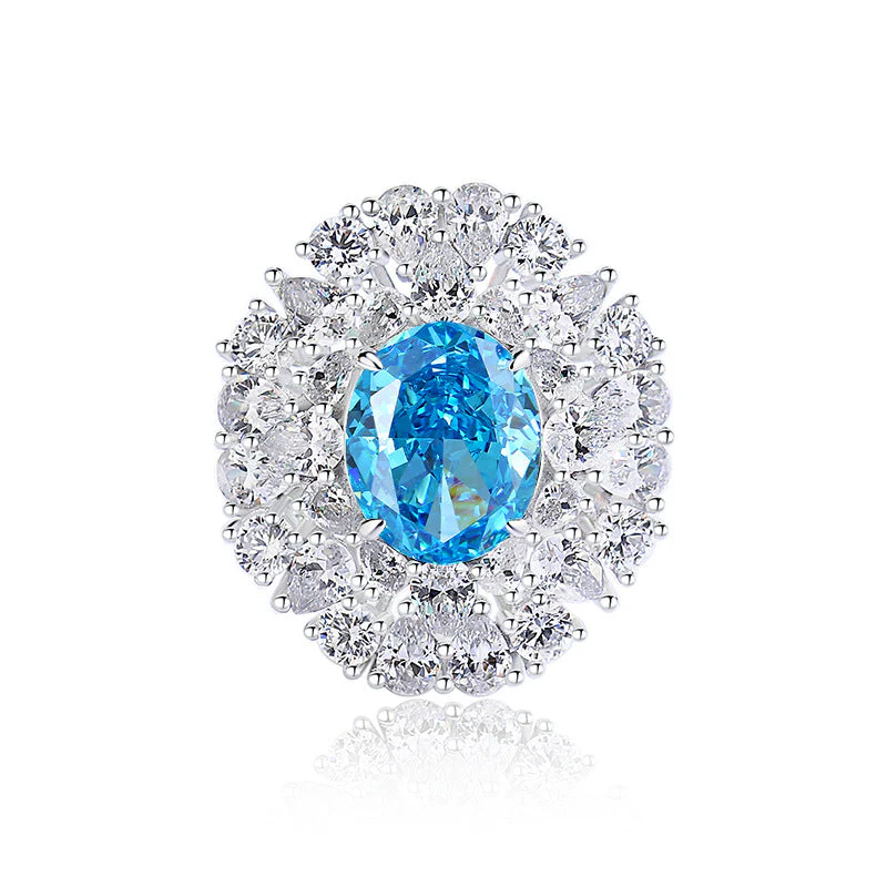 S925 Silver High Carbon Diamond Aquamarine 8A Zircon Reddean gem ring