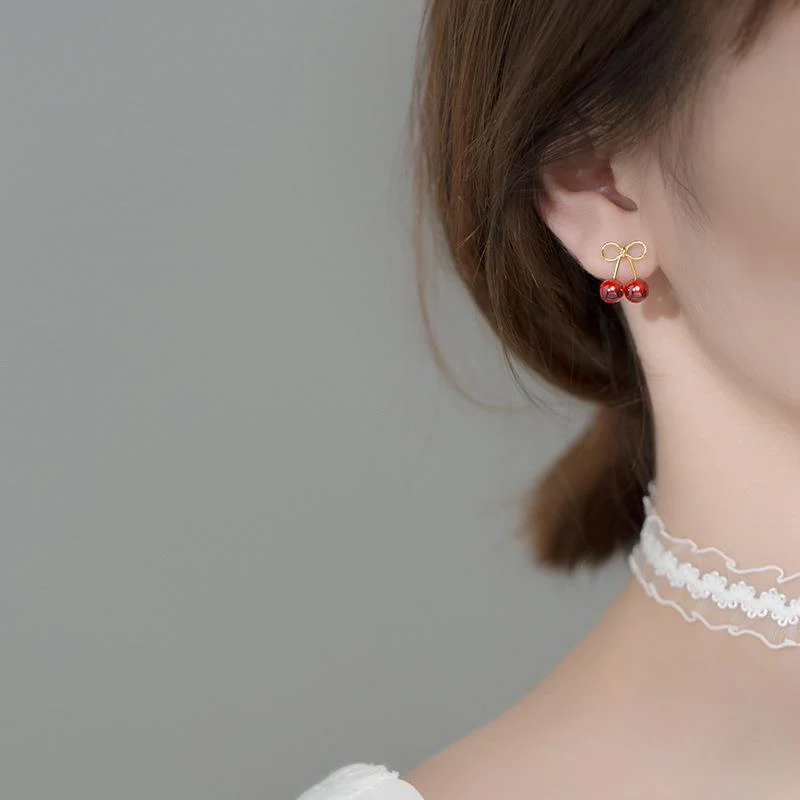 S925 silver red cherry earrings