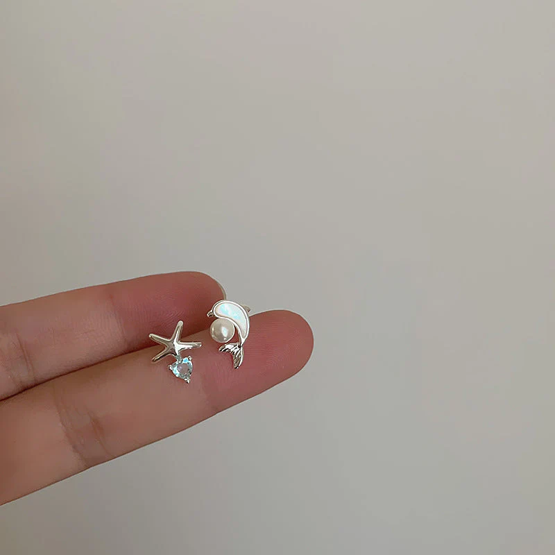 Asymmetric Fritillaria Dolphin Zircon Starfish Earrings