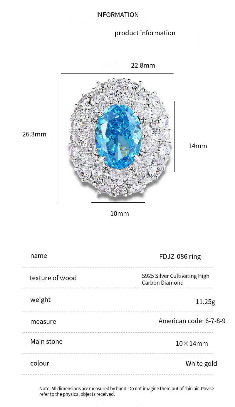 S925 Silver High Carbon Diamond Aquamarine 8A Zircon Reddean gem ring