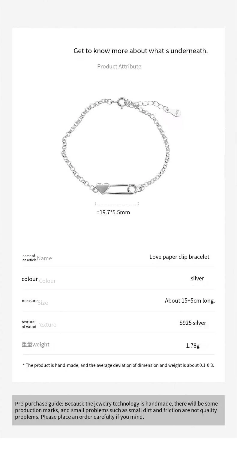 S925 sterling silver paper clip love bracelet