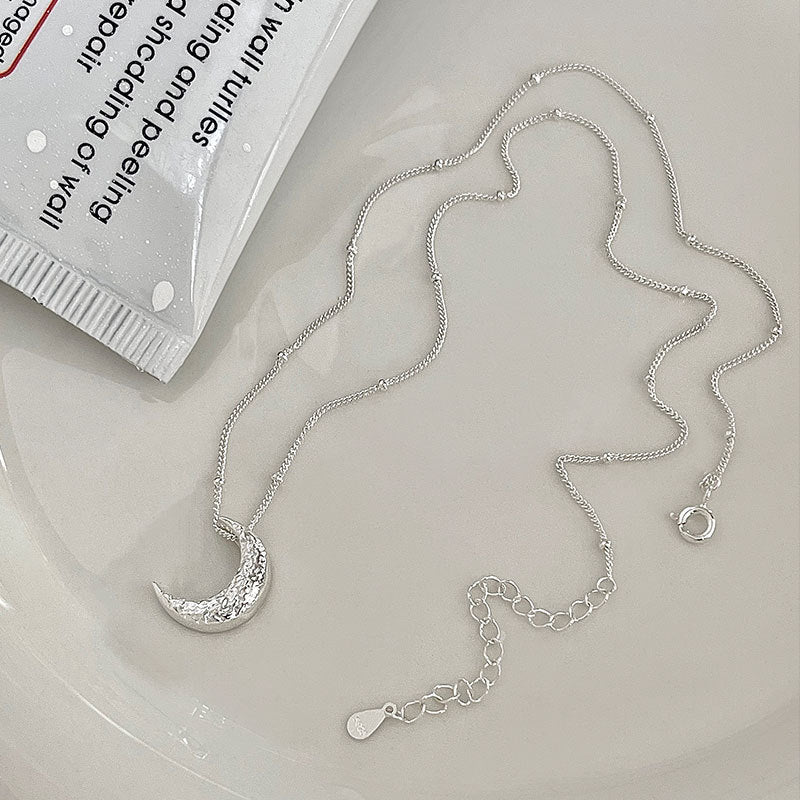 S925 Sterling Silver Texture Lava Moon Necklace