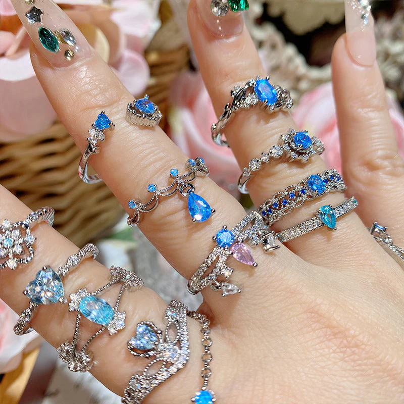 Super Flash Sea Blue Zircon Ring with 18K Gold Plating