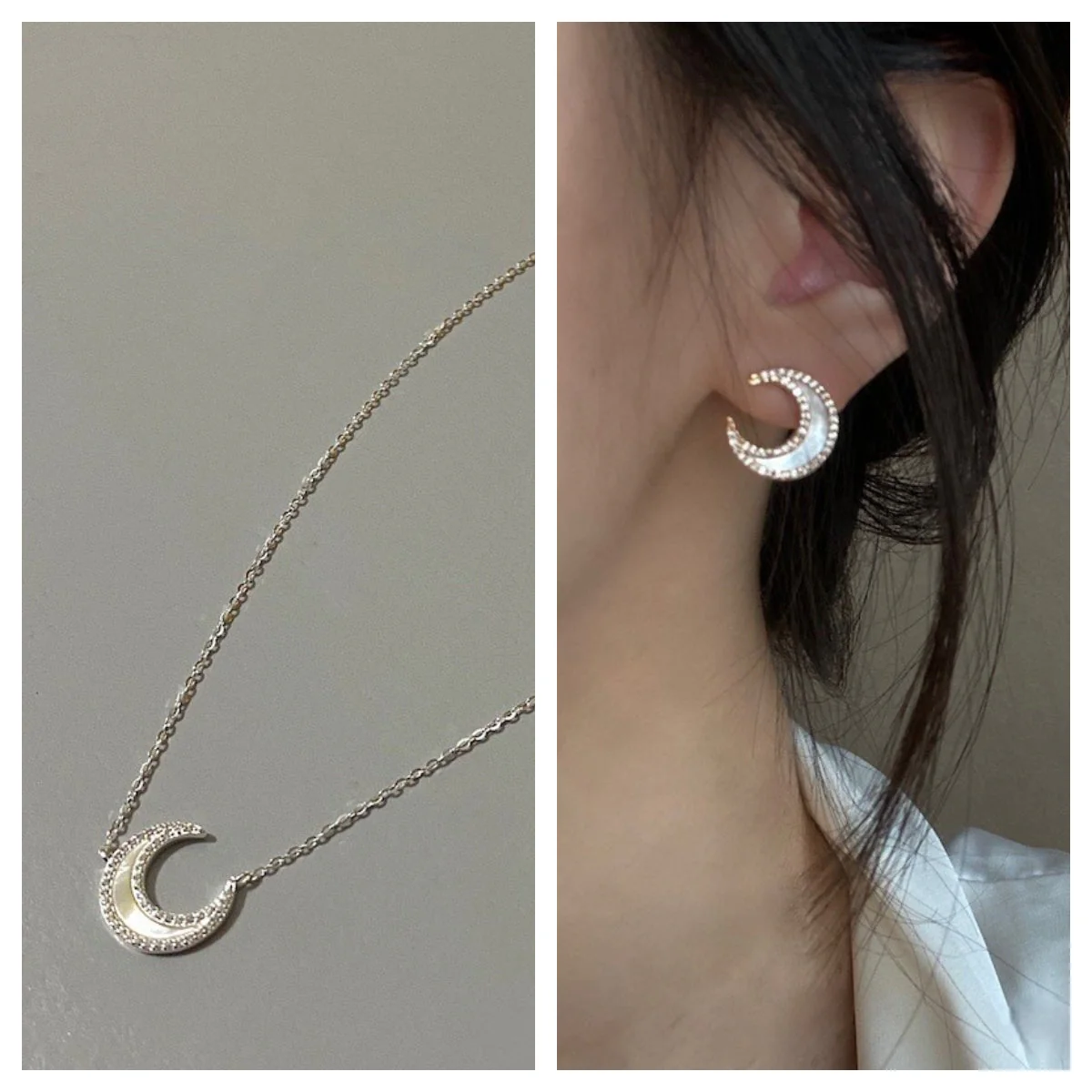 Deep Sea Natural White Mother Shell s925 Sterling Silver Moon Necklace Earring Set