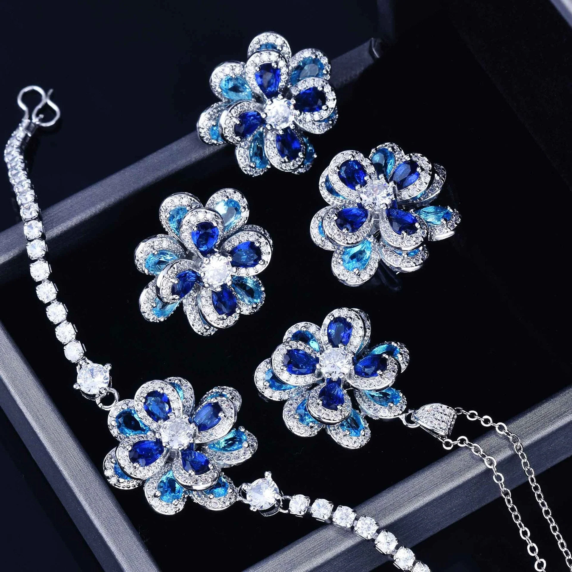 Zircon Flower Silver Needle Earrings Camellia Necklace Bracelet Ring Set