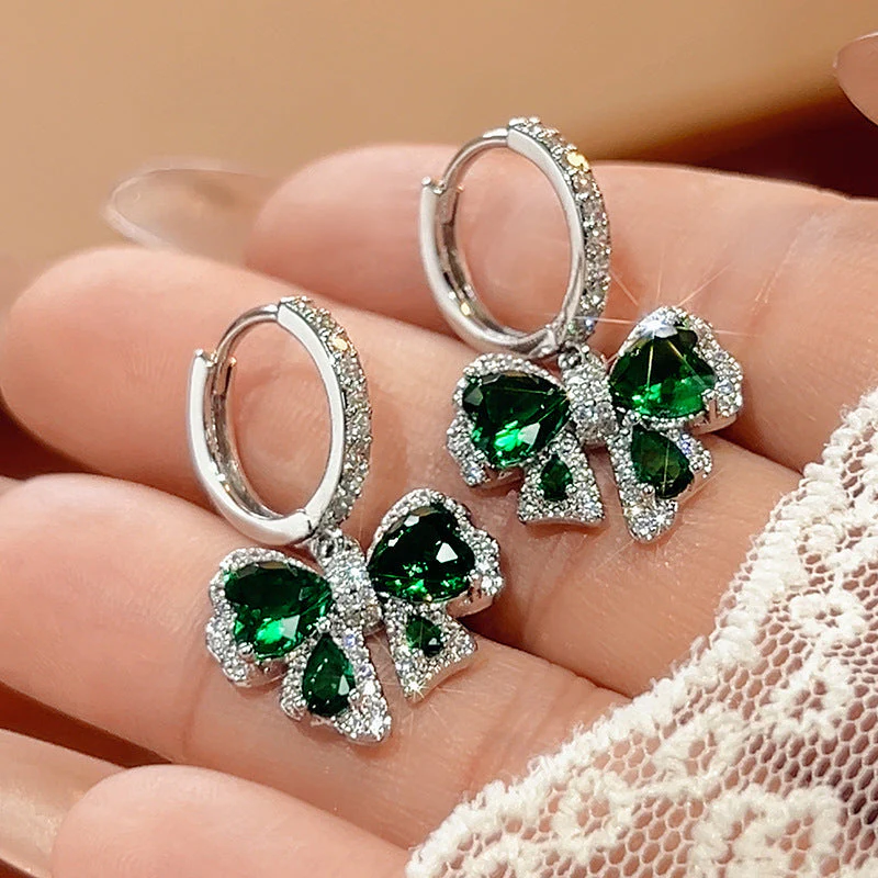 Emerald Butterfly Set S925 Silver Needle Earrings Necklace Ring