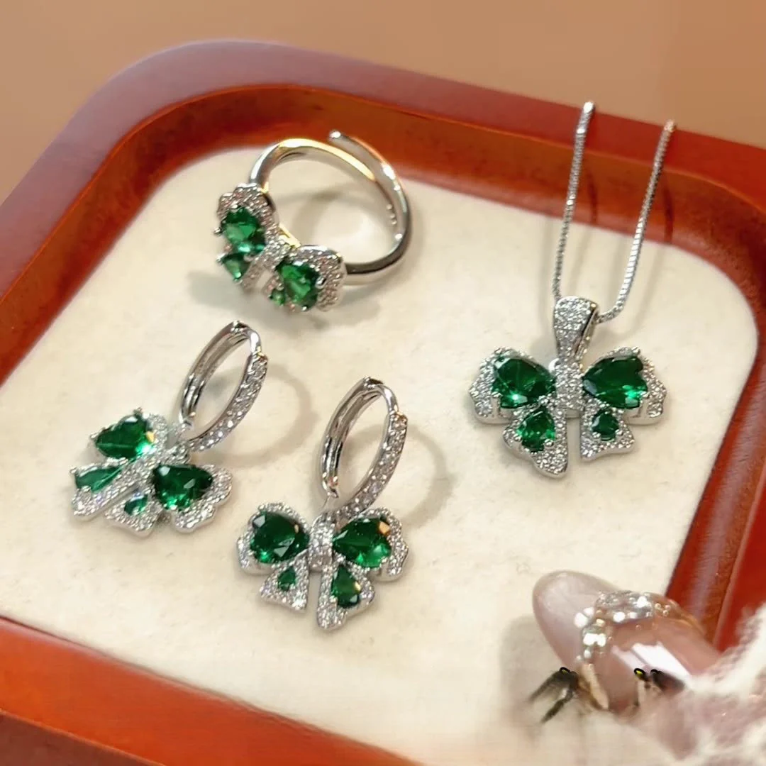 Emerald Butterfly Set S925 Silver Needle Earrings Necklace Ring