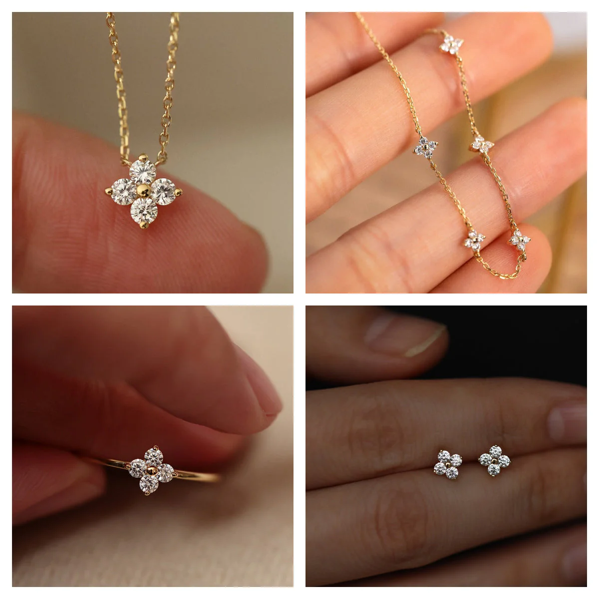 S925 silver plated 18K gold clover necklace bracelet ring earrings set