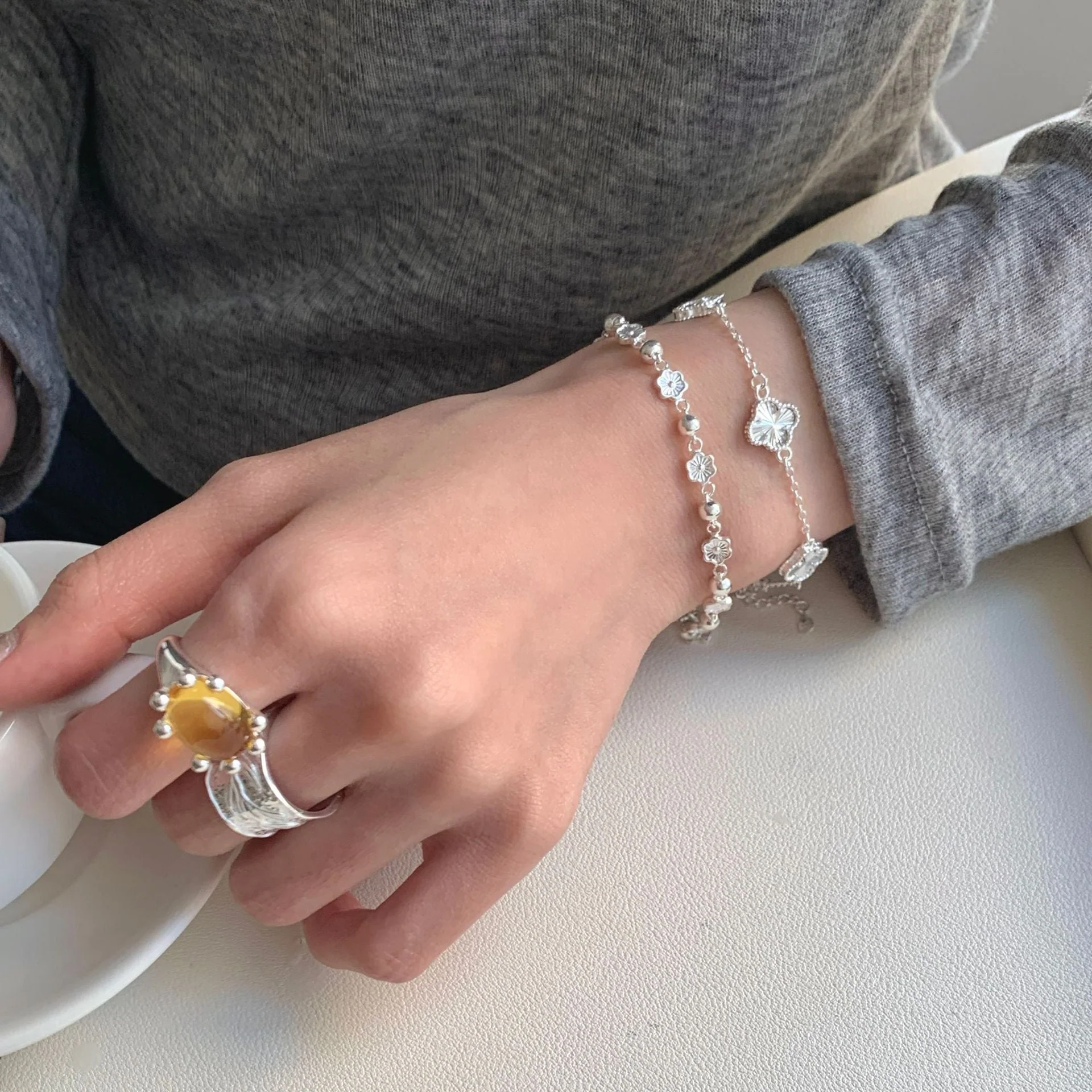 S925 Sterling Silver Peach Blossom Butterfly Bracelet