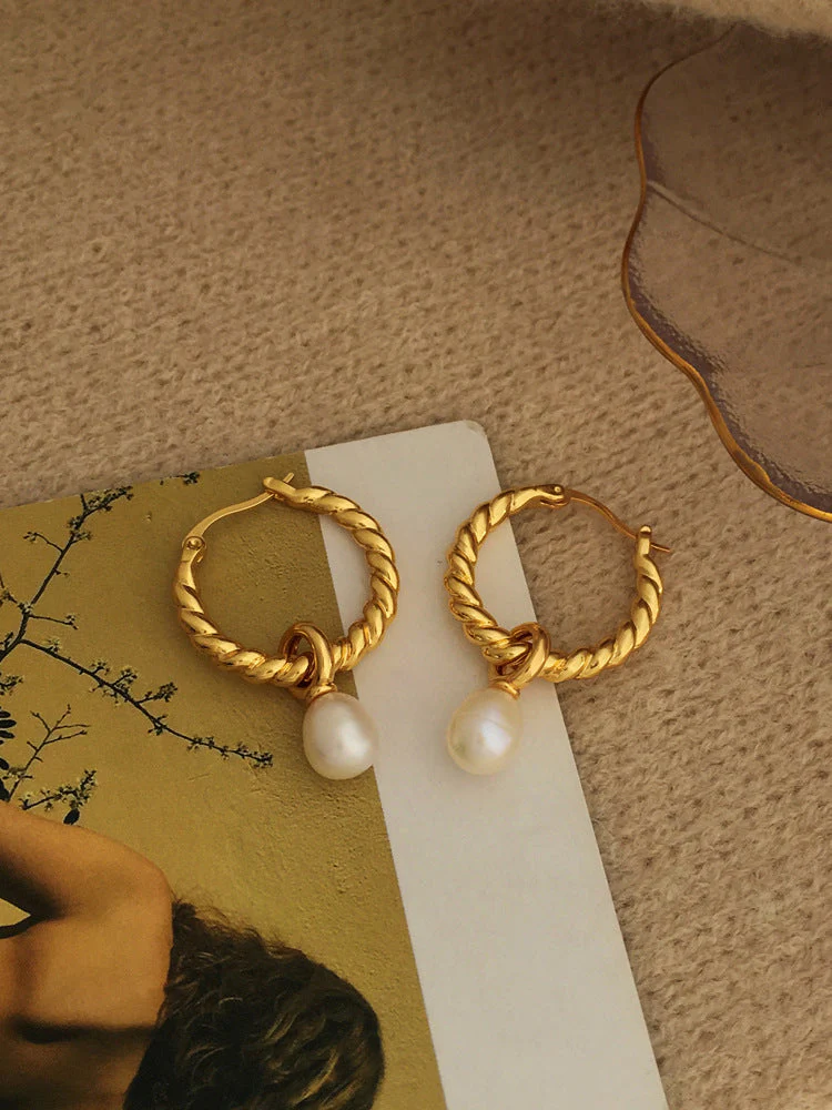 Copper Plated Real Gold Elegant Twist Pearl Earrings
