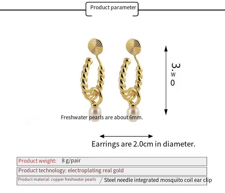 Copper Plated Real Gold Elegant Twist Pearl Earrings