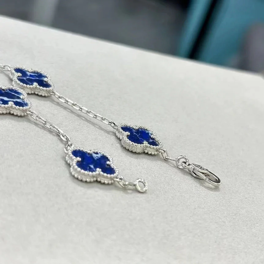 Blue Peter stone clover bracelet silver obsidian necklace bracelet set