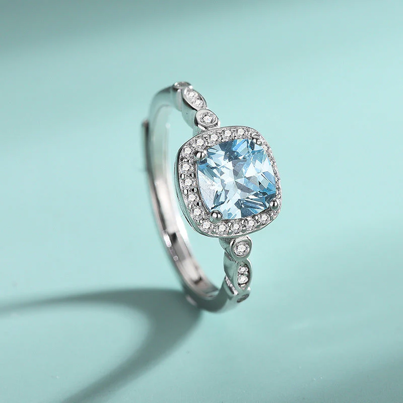 S925 Sterling Silver Ocean heart blue gem ring necklace Earrings