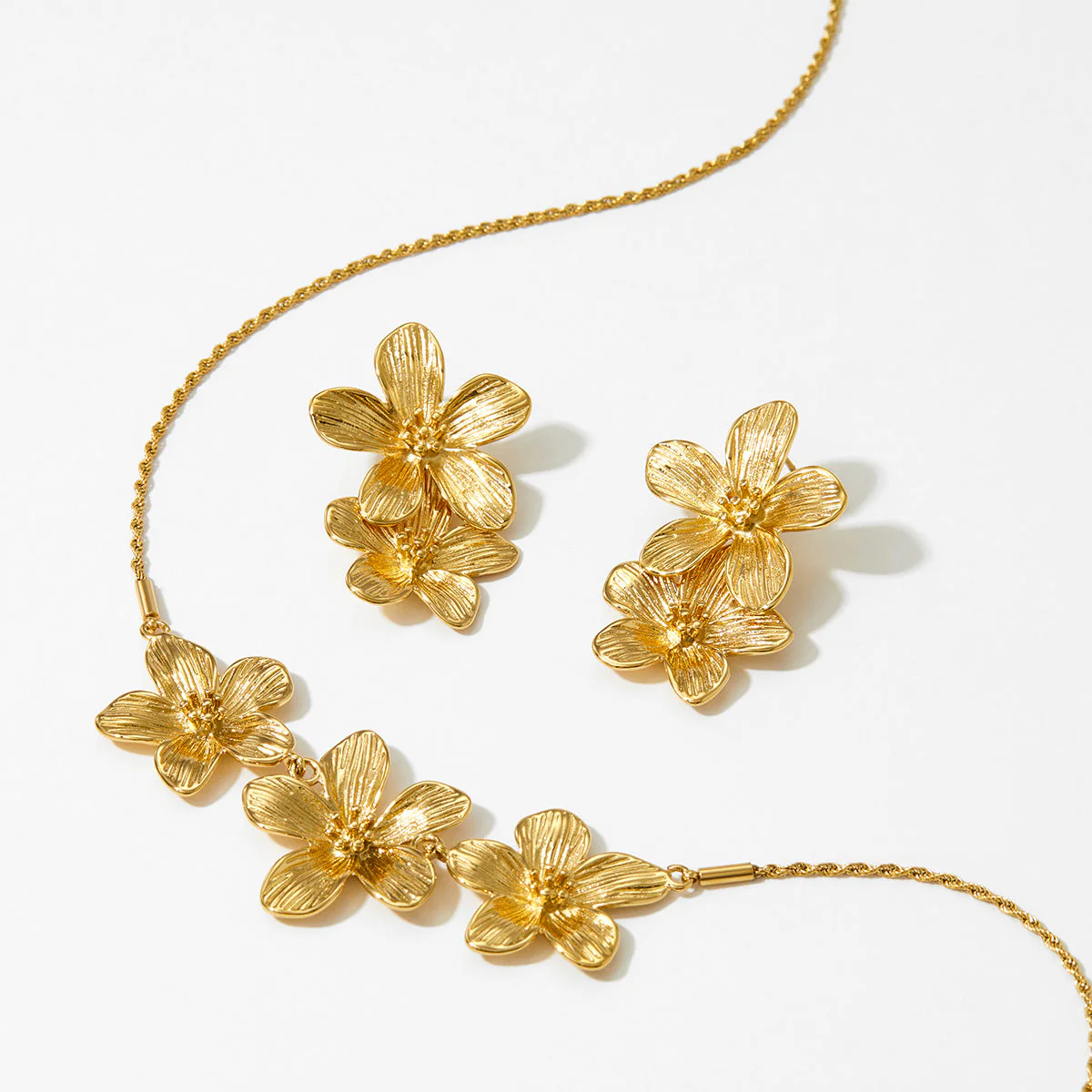 Sweet pleated flowers stainless steel necklace earrings set