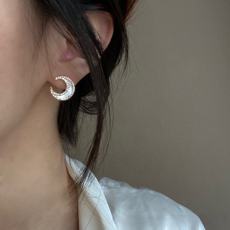 Deep Sea Natural White Mother Shell s925 Sterling Silver Moon Necklace Earring Set