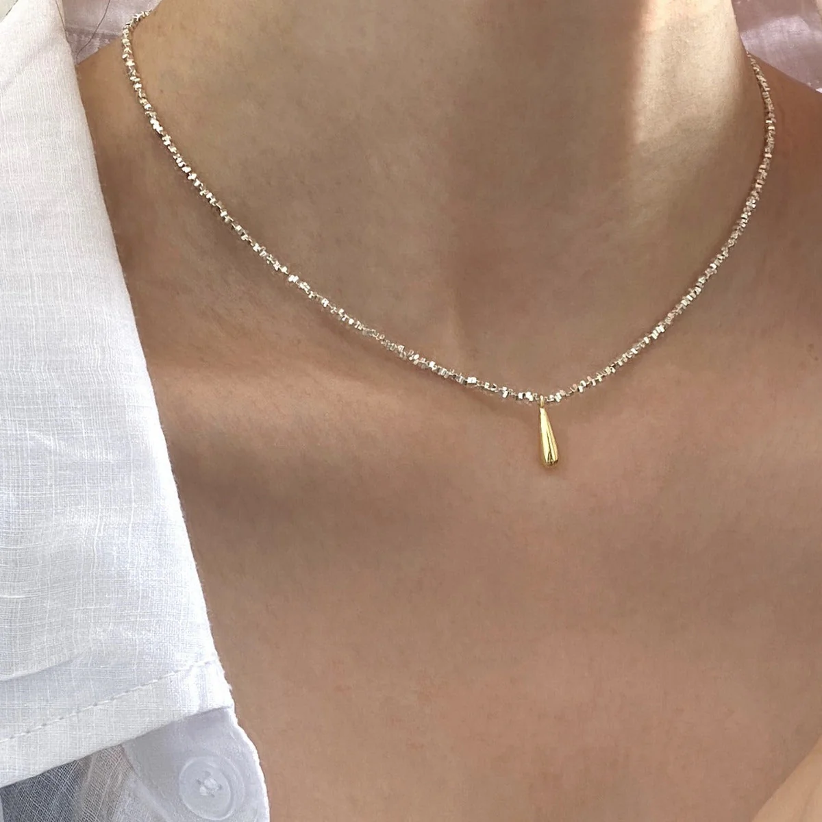 925 Broken Silver Golden Water Drop Cat Eye Necklace