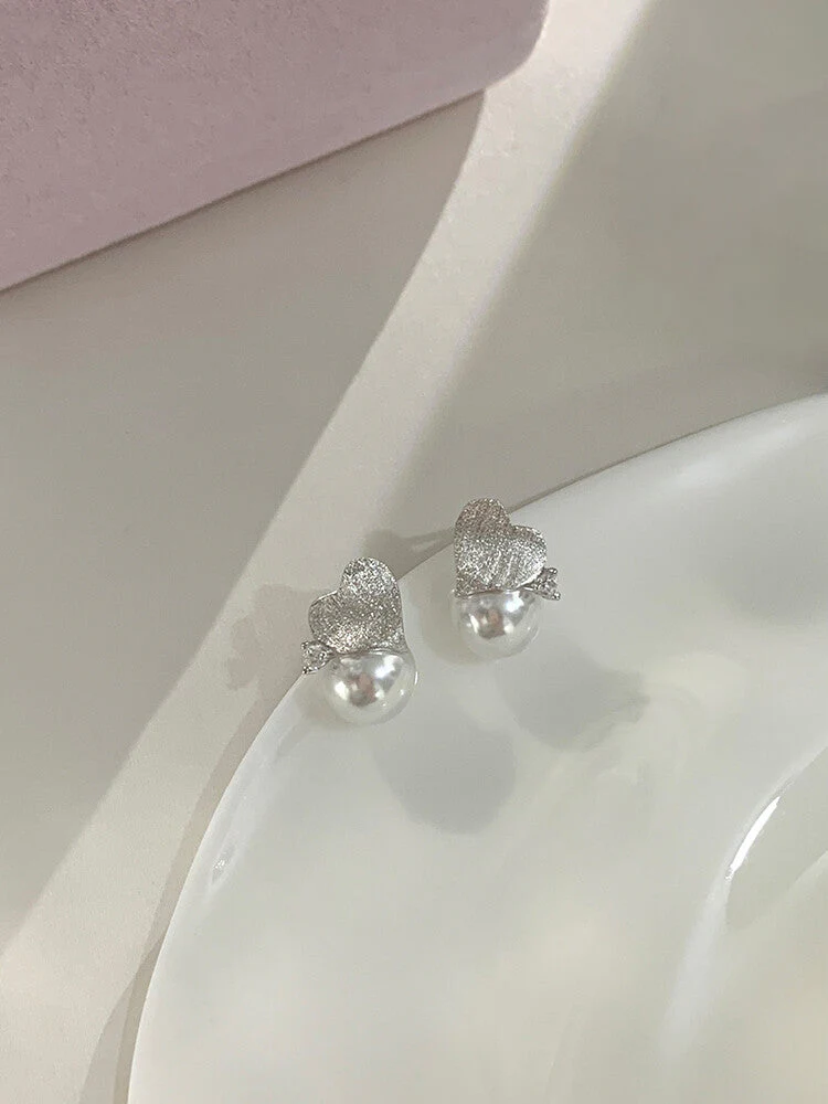 S925 Sterling Silver Drawing Love Shi Home Pearl Earrings